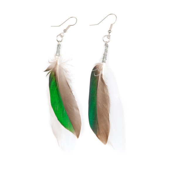 Natural Green and White Feather Earrings - Picture 1 of 3
